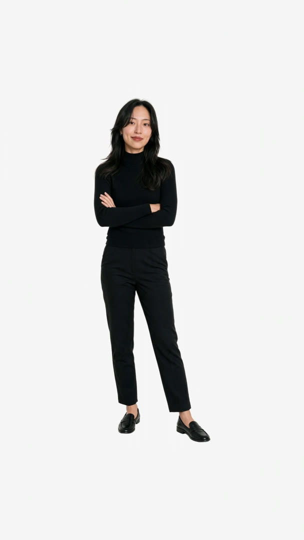 JiHee in a black turtleneck, arms crossed